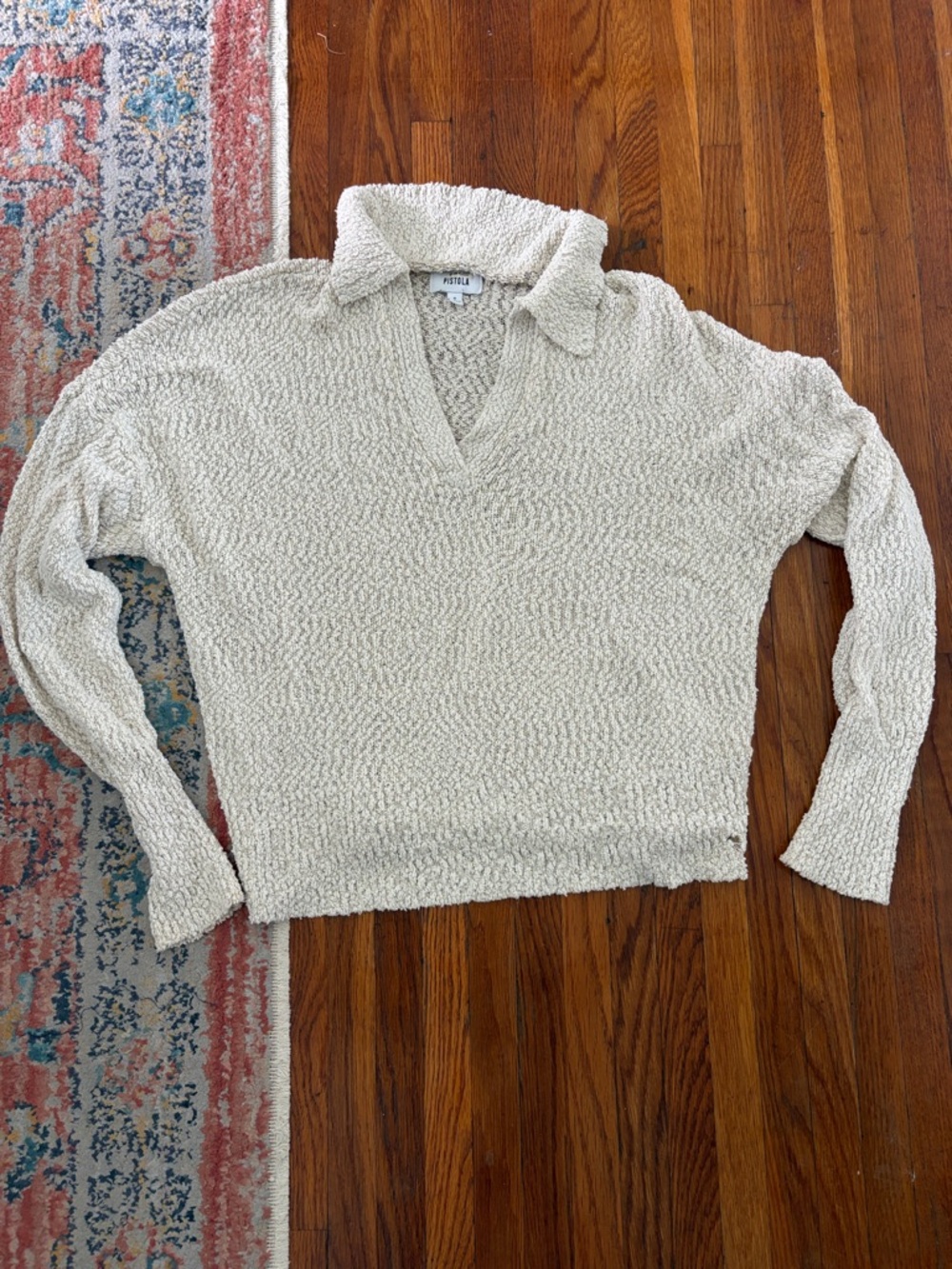 pistola Cream Textured V-Neck Collared Sweater